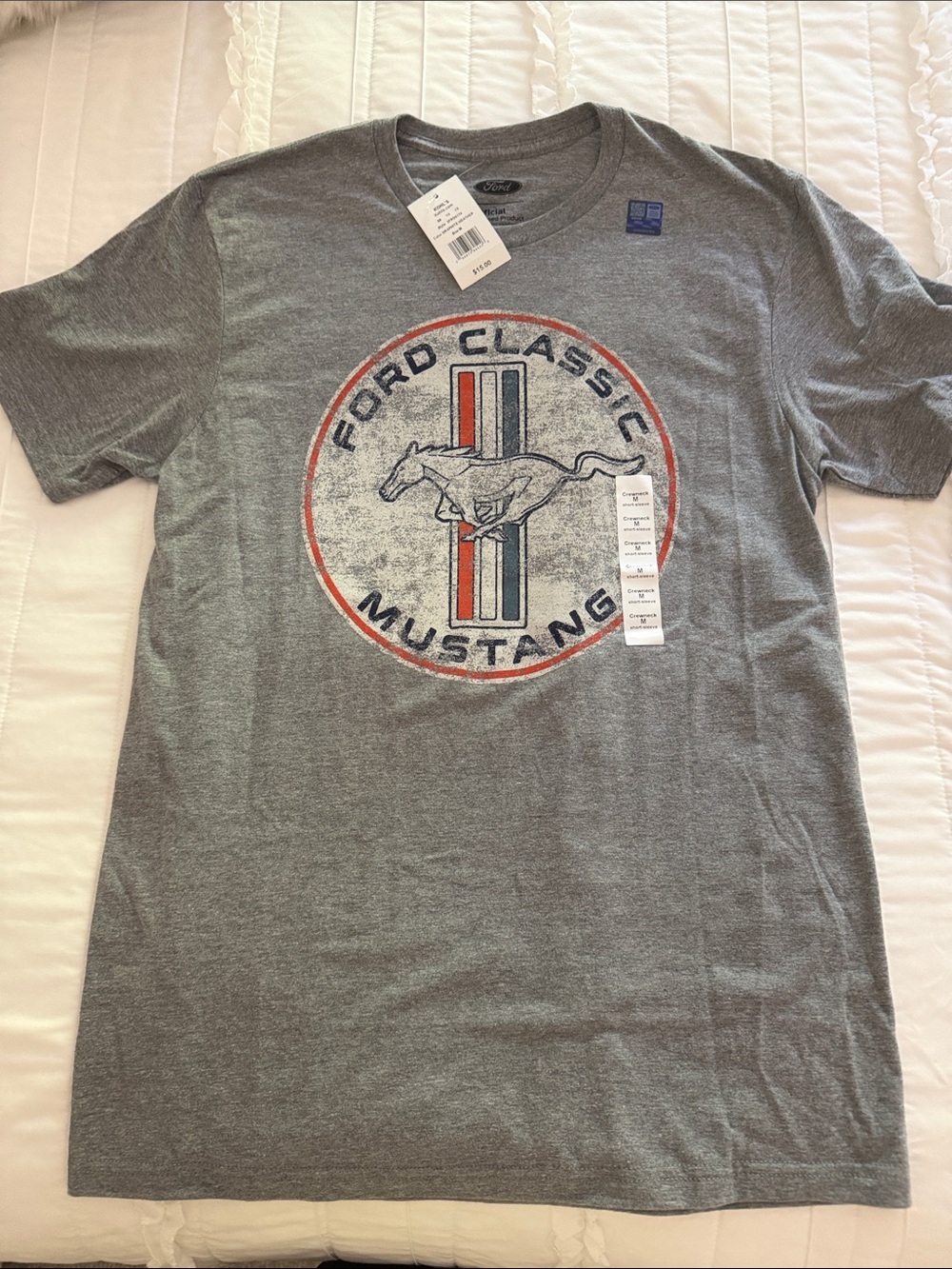 Ford Gray Mustang Logo Short Sleeve Tee with Red & Blue Accents